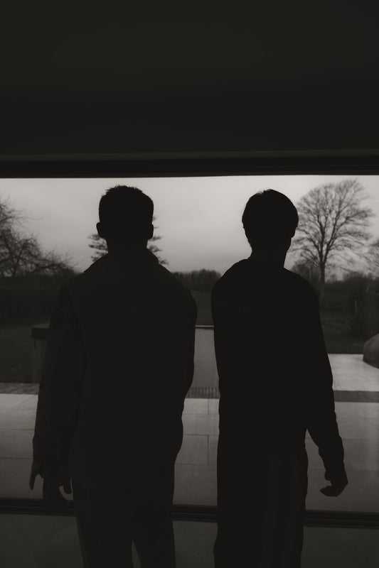The image depicts two silhouetted figures standing indoors near a large window. The background outside the window appears to be overcast. The figures are facing away from the camera, so their facial features and identities are not visible.